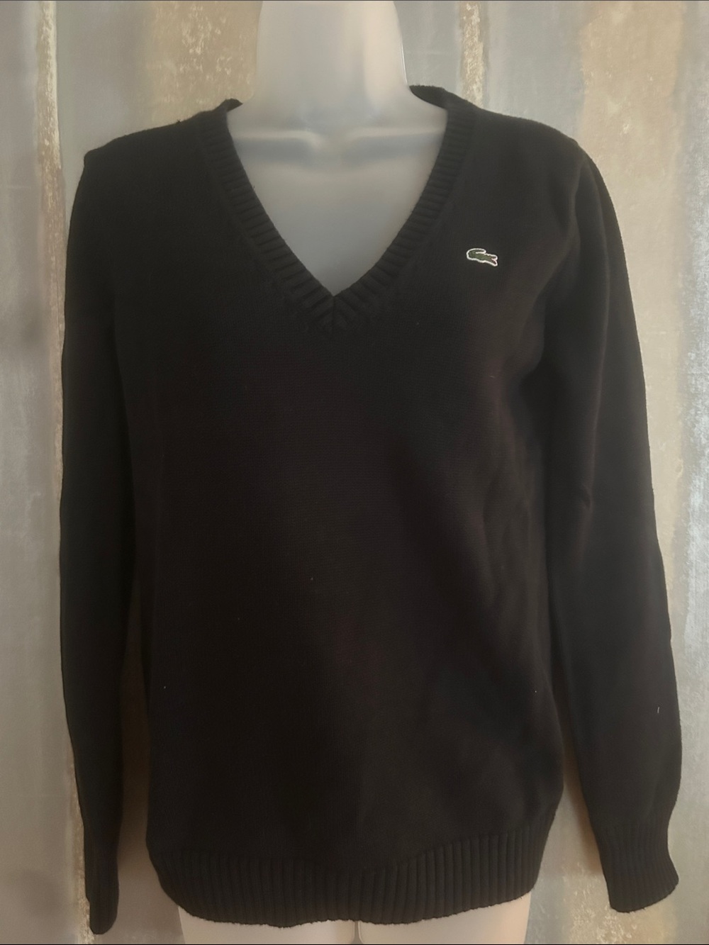Lacoste Black V-Neck Cotton Pullover with Crocodile Logo